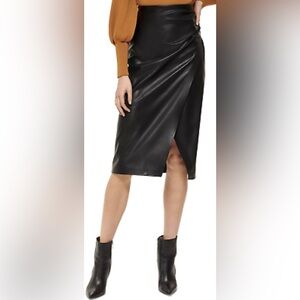 DKNY Faux Leather Side Ruched Midi Pencil Skirt w/ Slit, sz 4